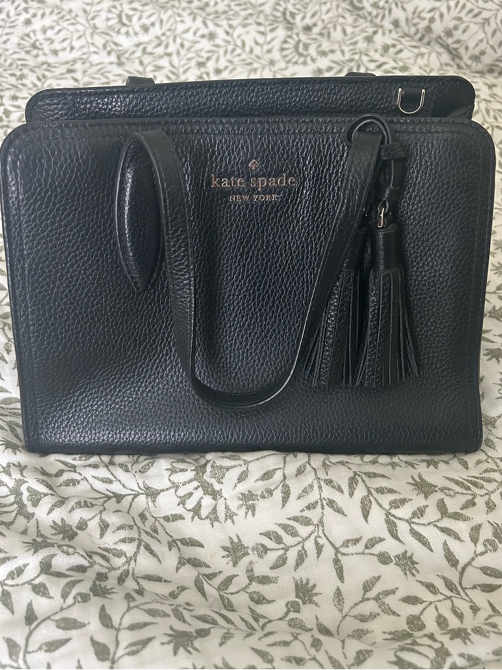kate spade black pebbled leather satchel with tassel